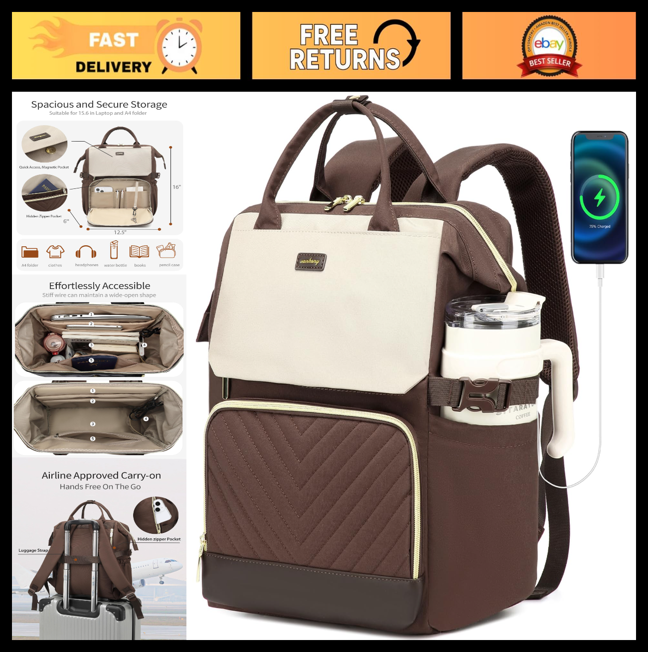 Stylish Computer Backpack for Women   Laptop Bag with USB Charger & Cup Holder,0
