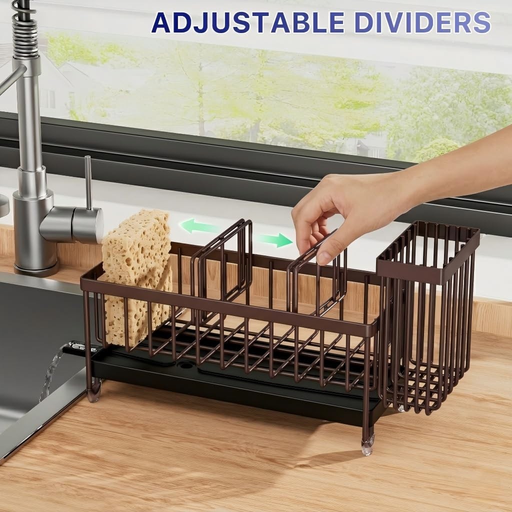 Brown Kitchen Sink Sponge Holder Caddy, Rustproof 304 Stainless Steel Organizer,3
