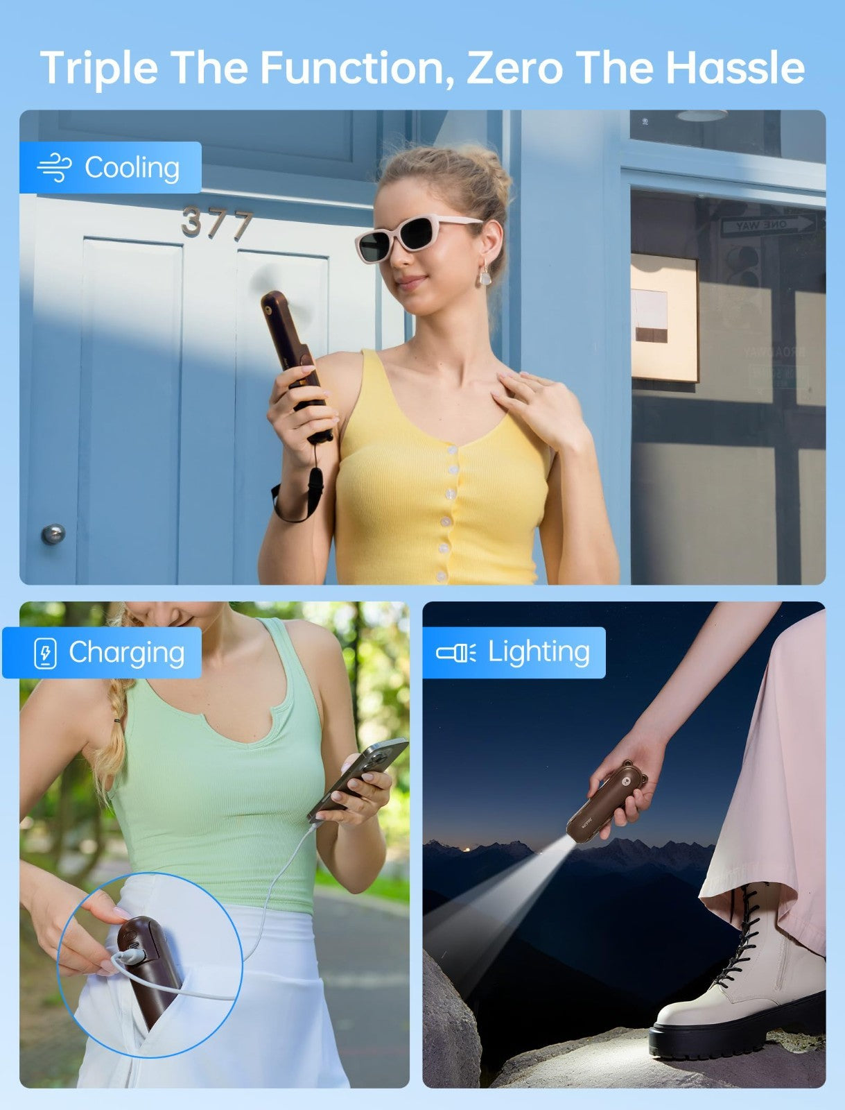 3 in 1 Portable Fan with Power Bank & Flashlight | 19H Cooling, USB Rechargeable2