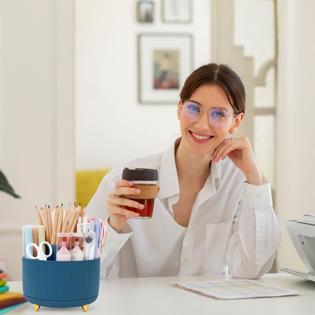360° Rotating Desk Organizer   Dual Purpose Pen Holder with 5 Slots for Office,6