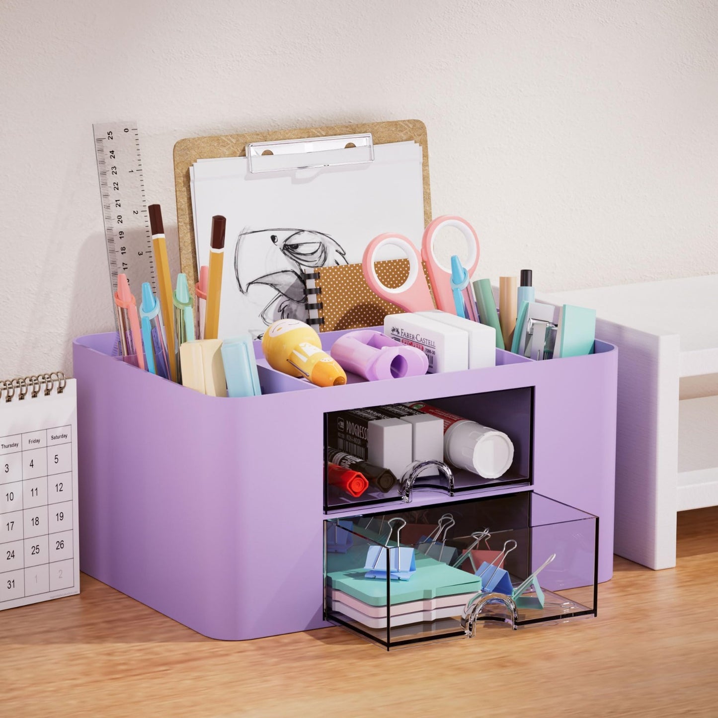 Multi Functional Desk Organizer with 2 Drawers, 5 Compartments, Pencil Holder  2