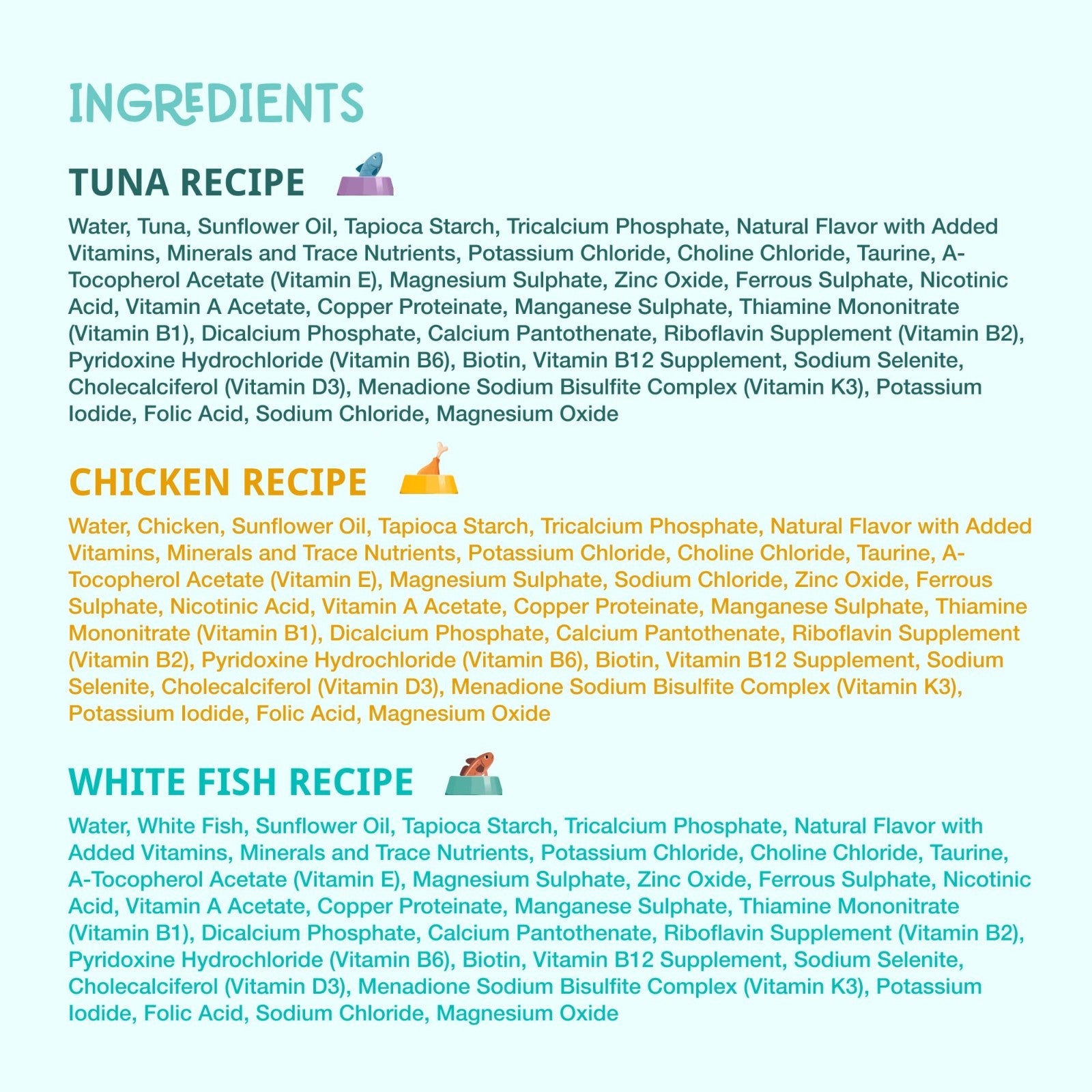 Single Protein Flaked Wet Cat Food Variety Pack - Chicken, Tuna, White Fish - Gr3