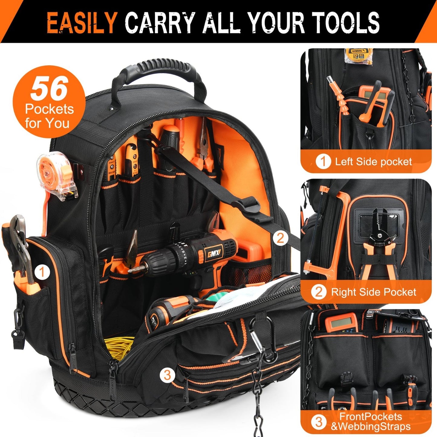Heavy Duty Tool Backpack with 2 Small Bags, Molded Base, Laptop Compartment, Wat4