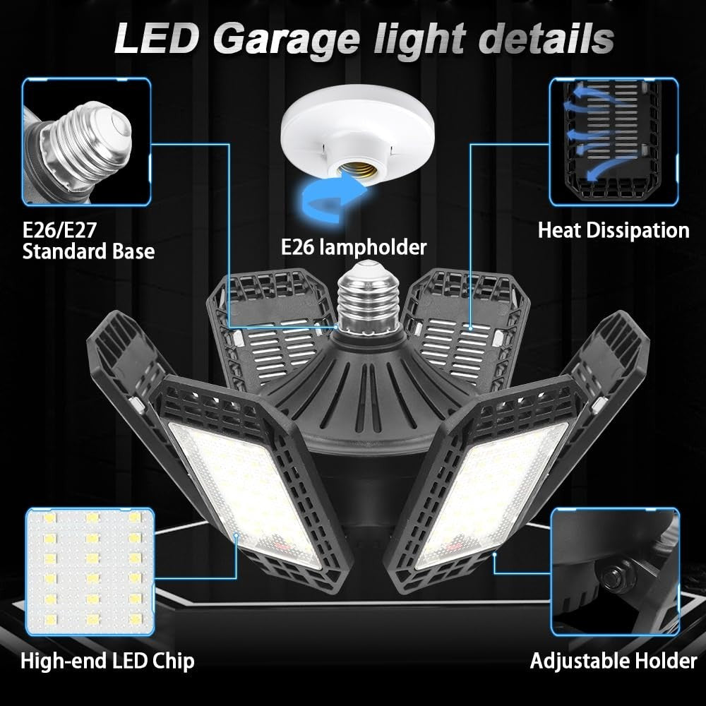 2 Pack 200W LED Garage Lights, 20000LM Deformable Ceiling Bulbs, E26/E27 Socket,2