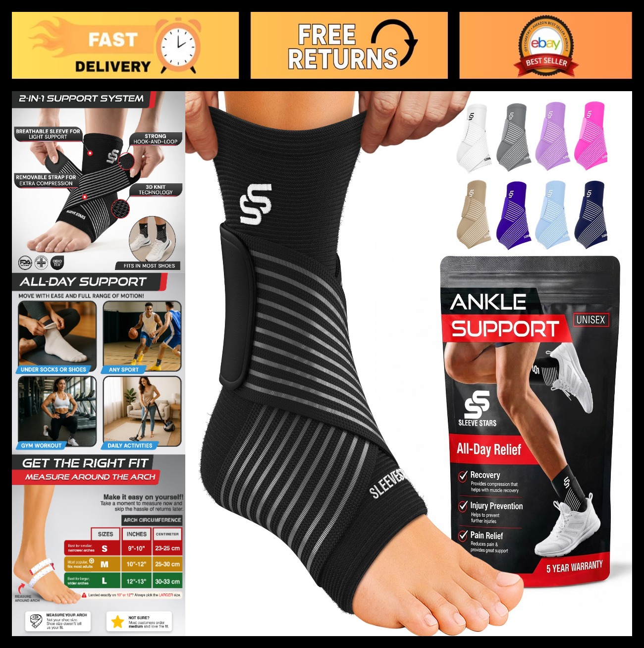 Ankle Brace Compression Sleeve for Sprains & Plantar Fasciitis Relief, Adjustabl0