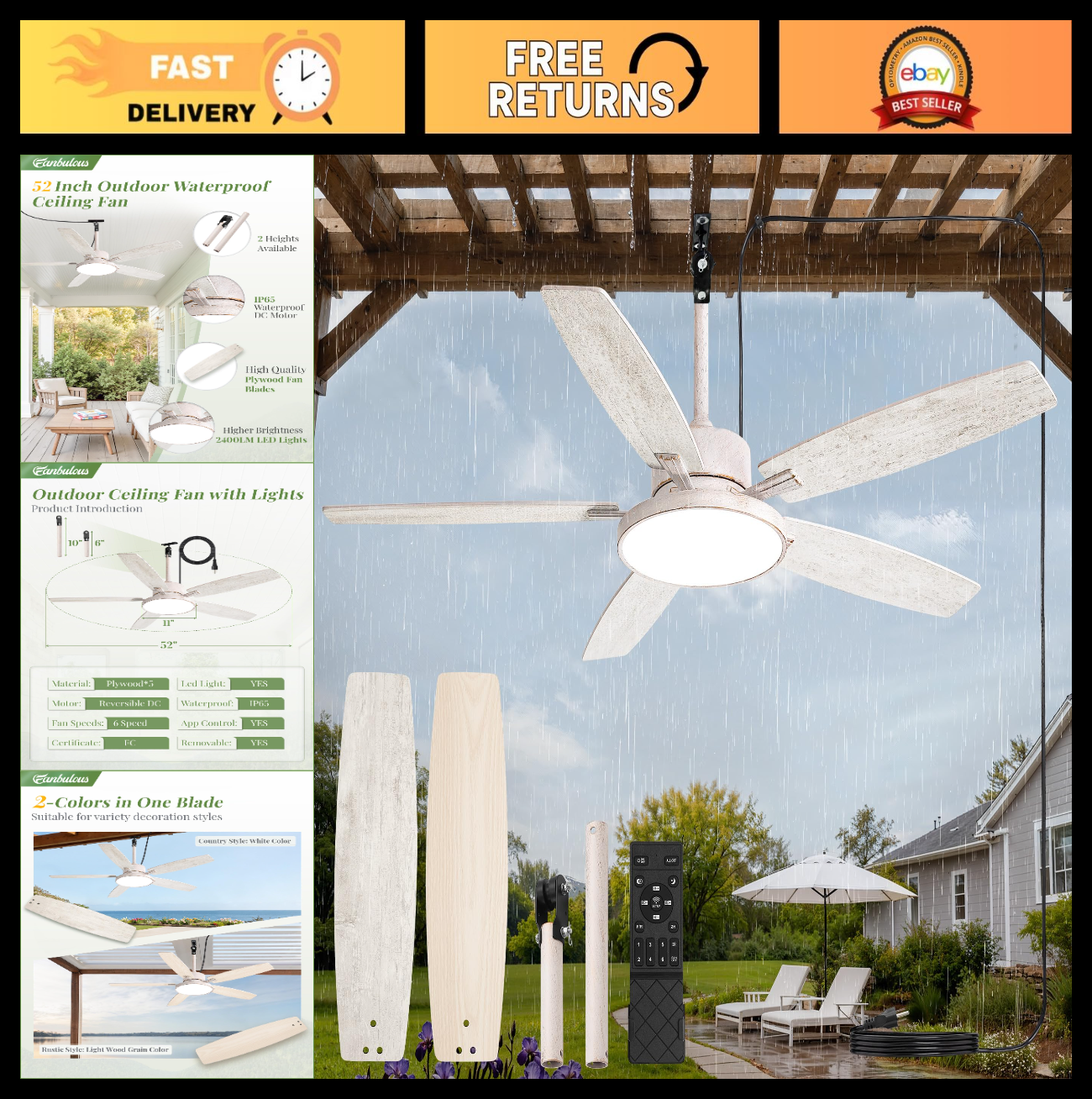 52" Waterproof Outdoor Ceiling Fan with Light, 6 Speed DC Motor for Patio, Gazeb0