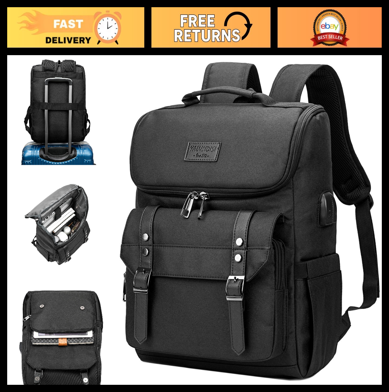 Vintage Laptop Backpack with USB Charging Port - Travel College Bag Fits 15.6" B0