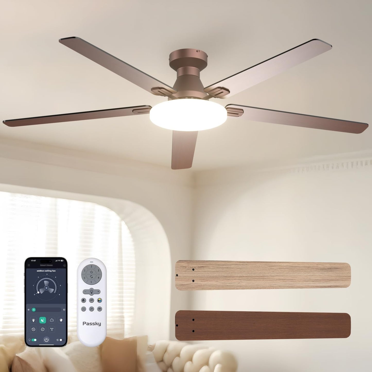 60" Brown Low Profile Ceiling Fan with Lights & Remote | Dimmable, Quiet DC Moto1