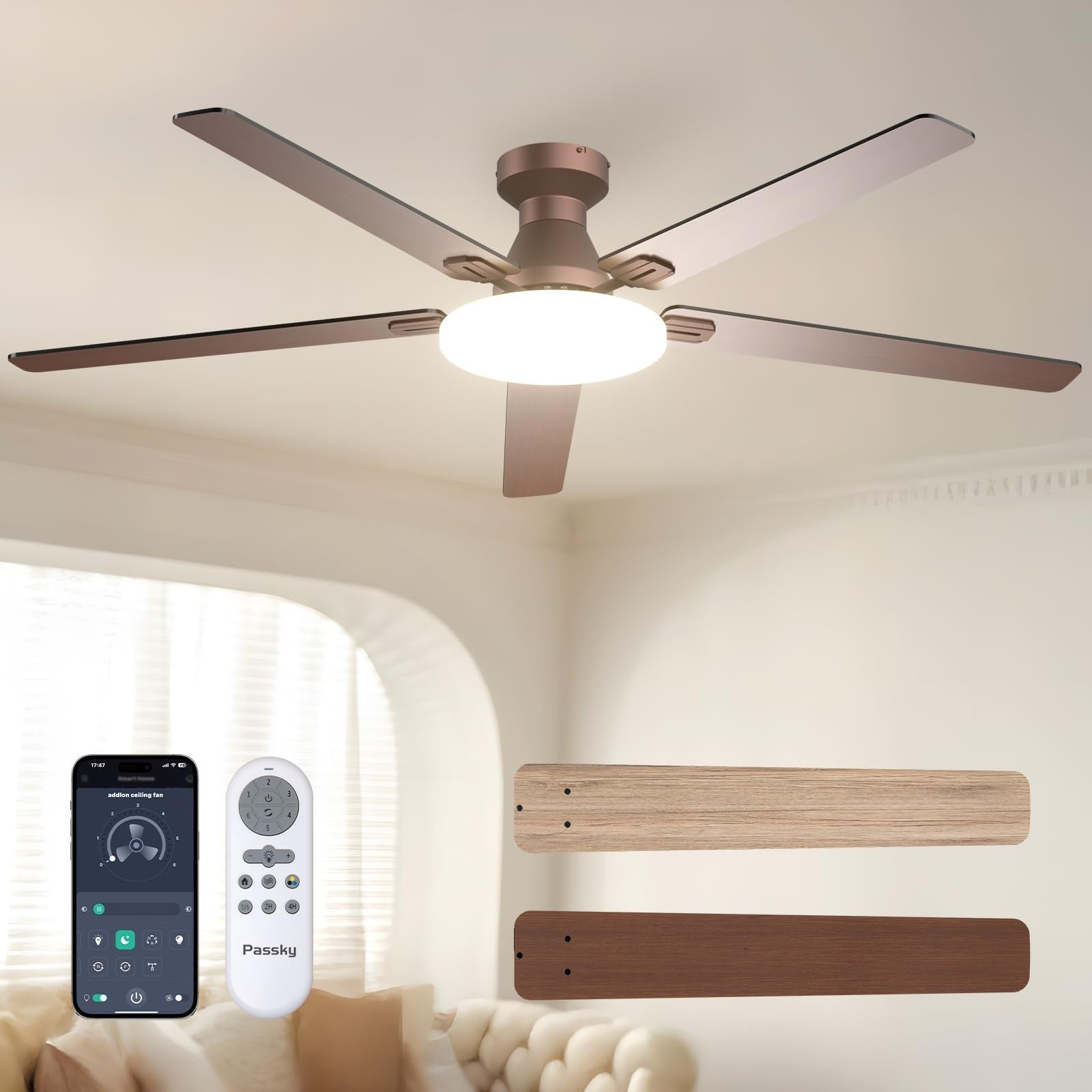 60" Brown Low Profile Ceiling Fan with Lights & Remote | Dimmable, Quiet DC Moto1