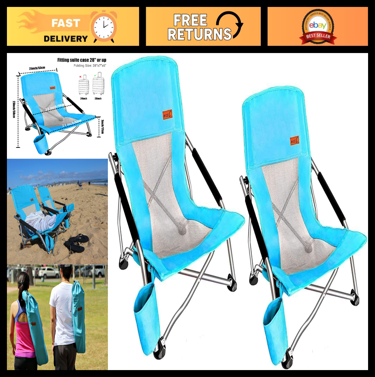Compact Folding Beach Chair 2 Pack - Lightweight Portable Camping Chairs with Cu0