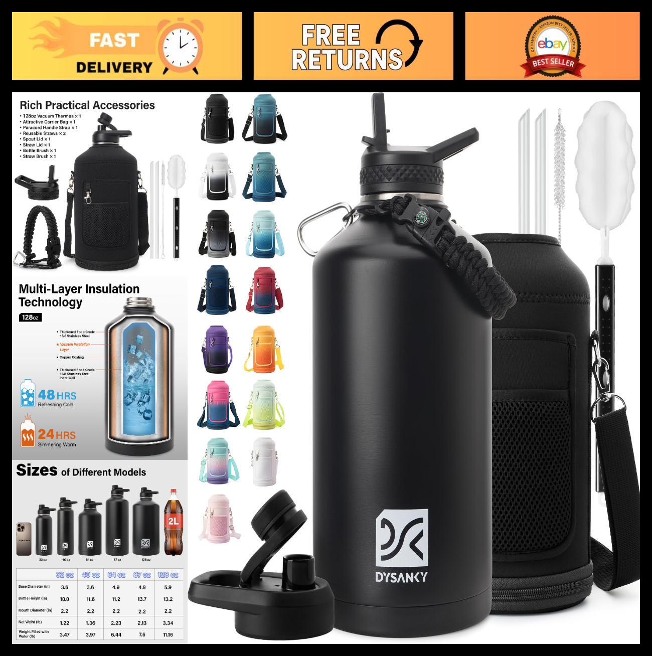 Insulated 1 Gallon Water Bottle | Stainless Steel Vacuum Jug for Gym & Hiking |0