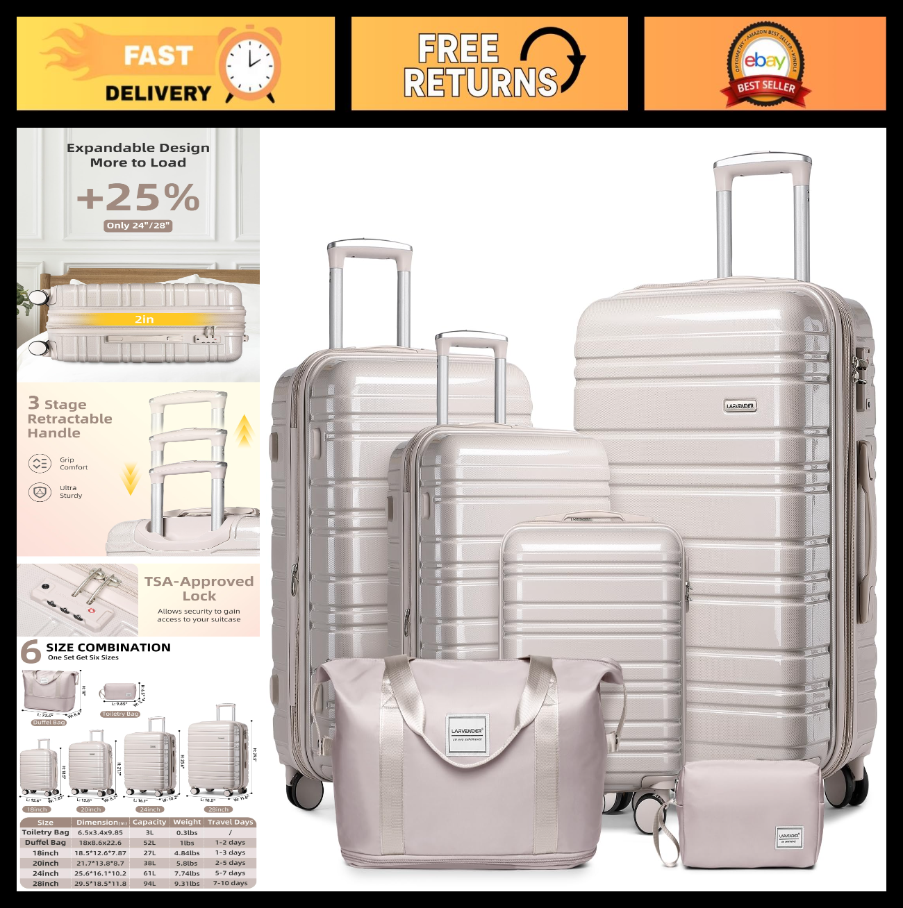 6-Piece Expandable Luggage Set - Lightweight Hardshell Suitcases, TSA Lock, 360°0
