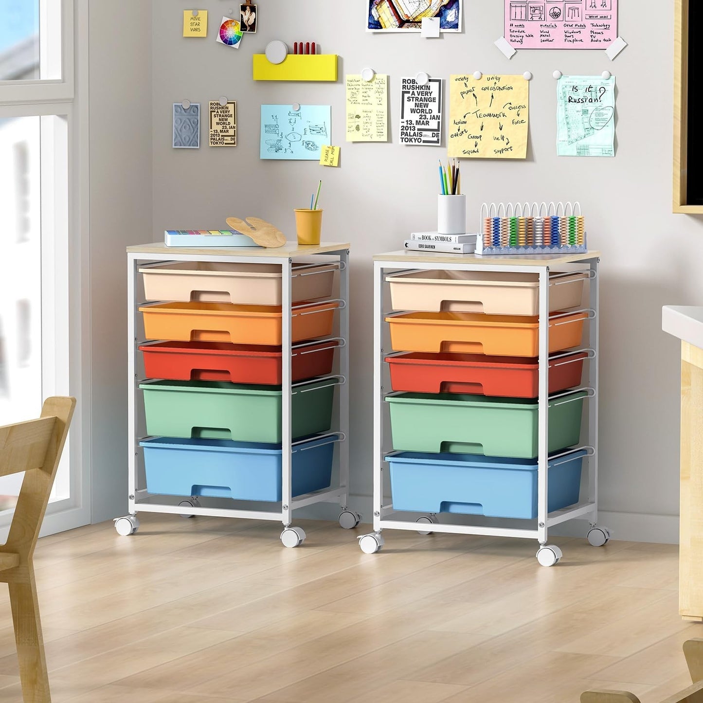 5 Drawer Utility Cart with Wooden Top, Lockable Wheels, Rolling Craft Organizer7