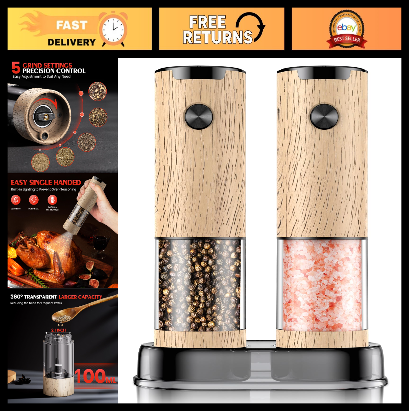 Automatic Electric Salt & Pepper Grinder Set   Adjustable Coarseness, LED, Large0