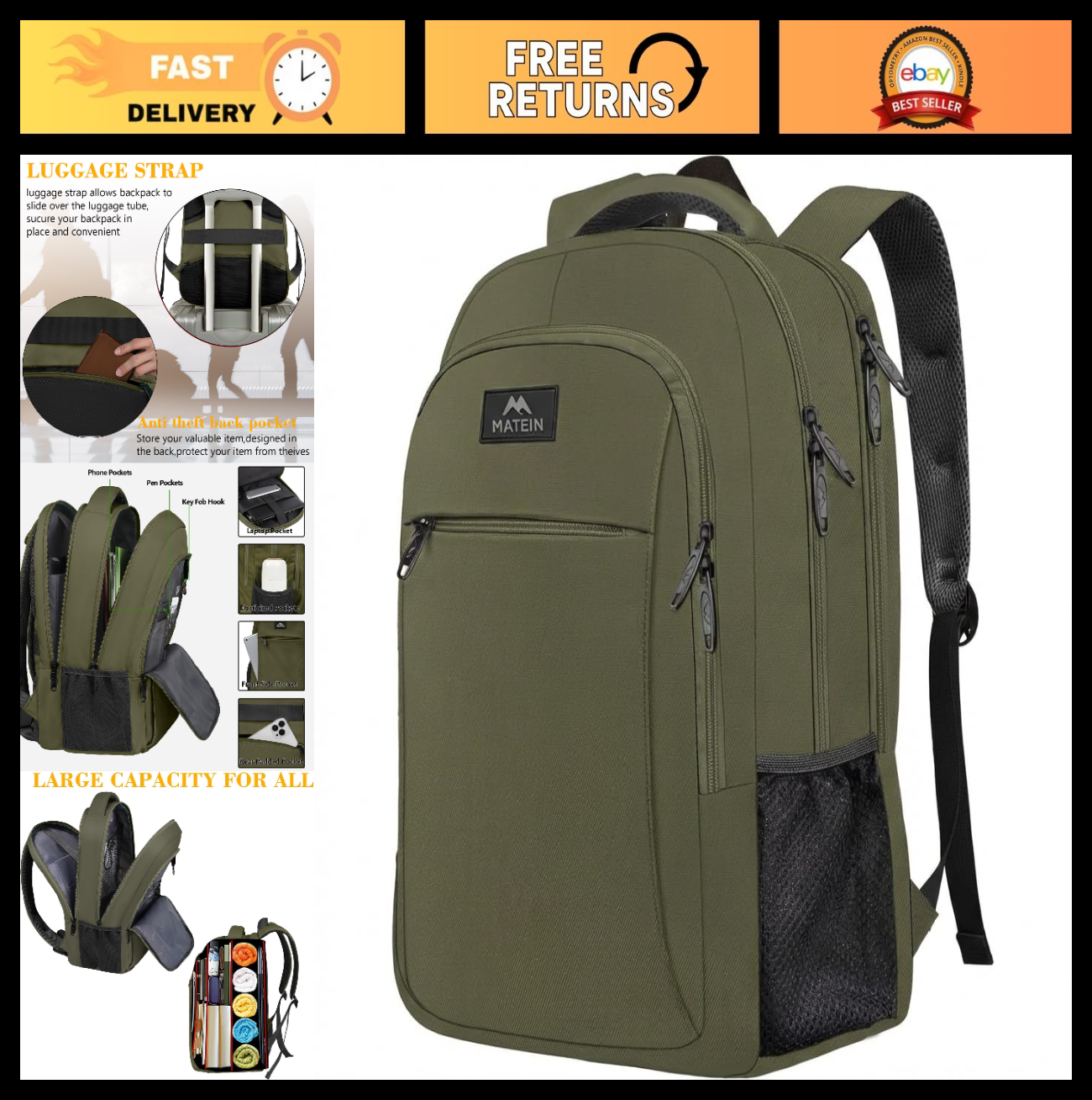 15.6" Green Travel Laptop Backpack, Durable Computer Bag for Work & School0