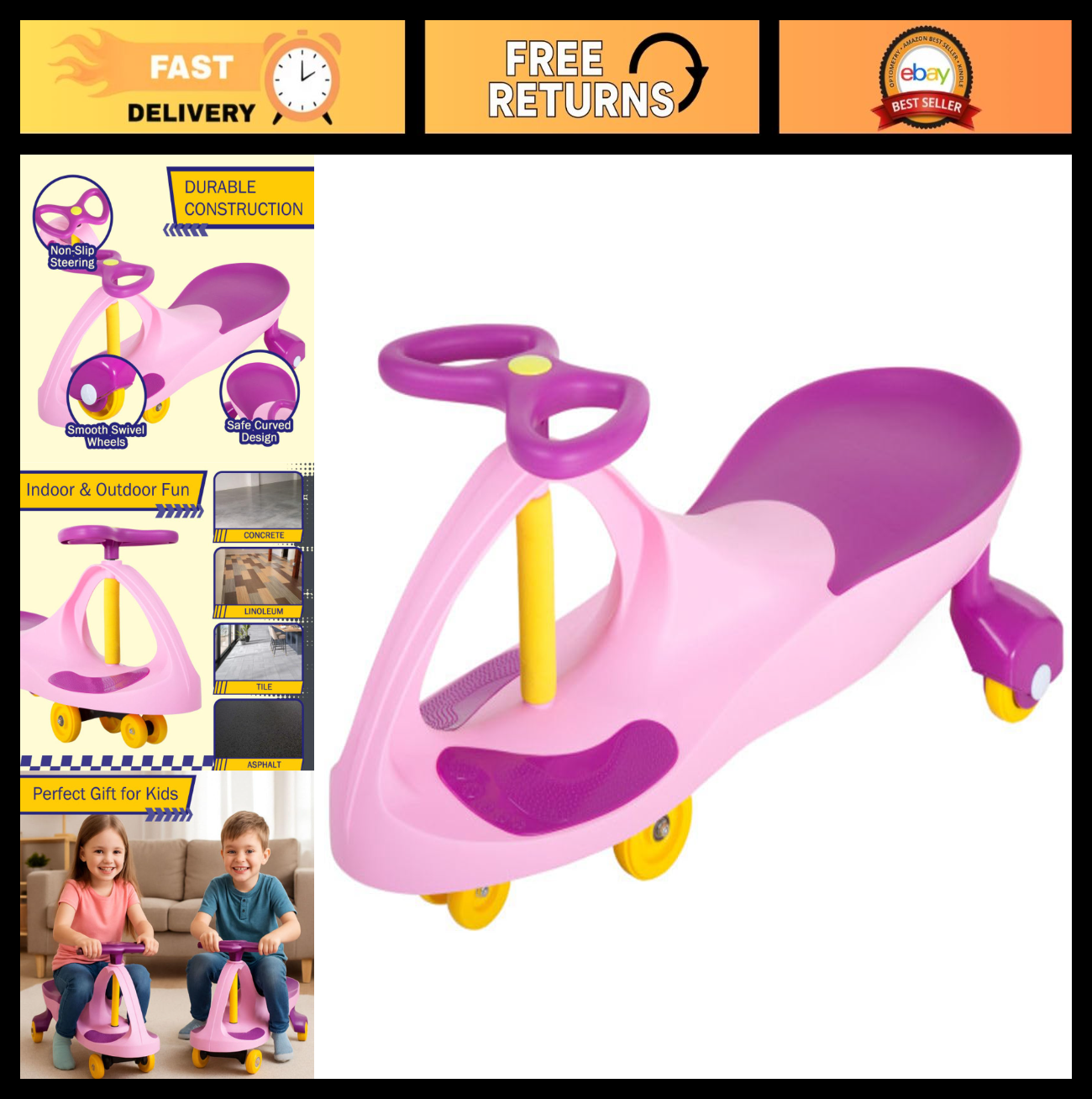 Wiggle Car Ride-On Toy for Kids 3+, Pink, Fun Indoor/Outdoor Activity Vehicle0