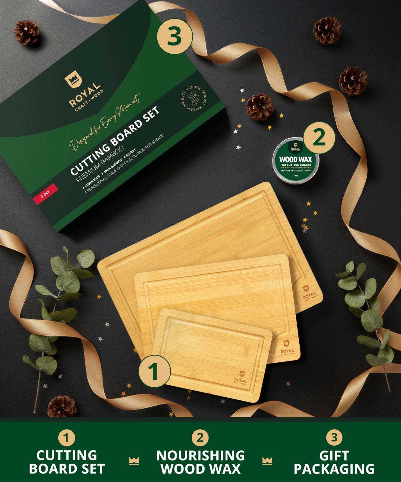 Wooden Cutting Boards Set   Bamboo Meal Prep & Serving Board with Juice Groove &2