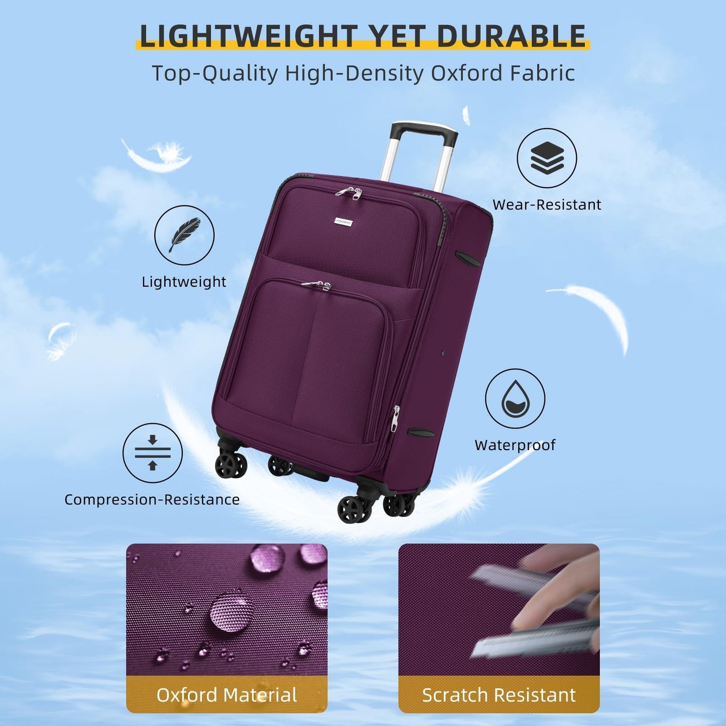 5-Piece Softside Luggage Set - Expandable Suitcases, Lightweight, 360° Wheels, T3