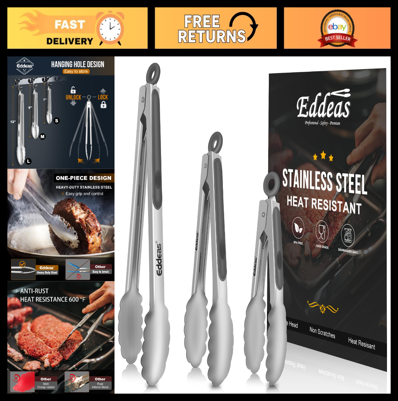 Heat Resistant Stainless Steel Cooking Tongs Set of 3   BBQ, Food Prep, Heavy Du0