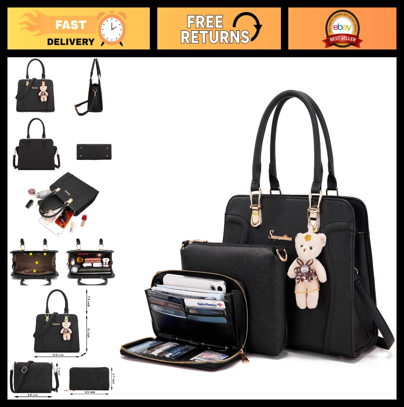 Stylish 3pcs Women's Shoulder Handbags Set - Satchel, Purse & Wallet Combo0