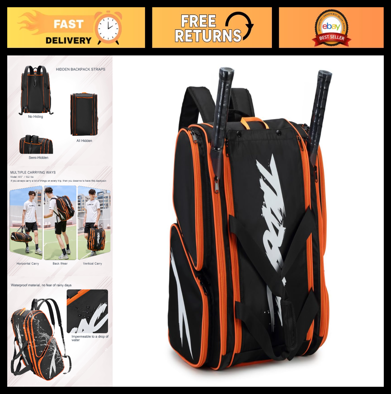 Optimized eBay Title:  "Large Pickleball Paddle Bag for 4 Paddles, Extra Pocket0