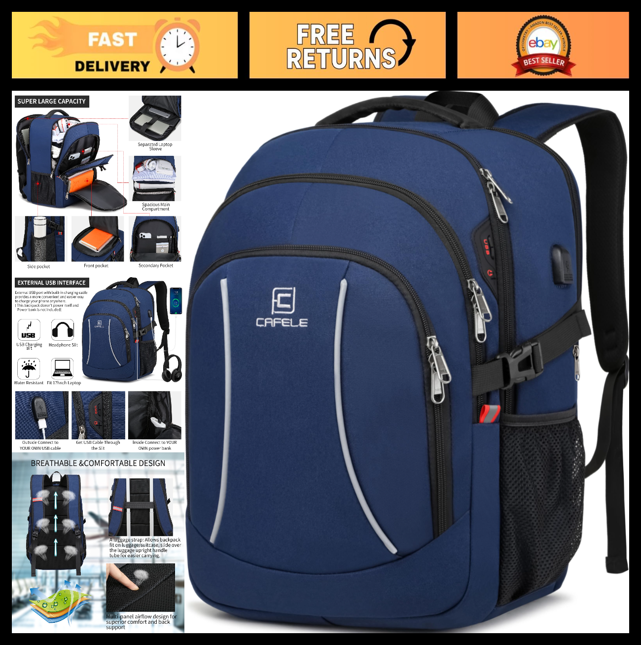 Spacious College Backpack for Men & Teens   17.3" Laptop Compartment, USB Port,0