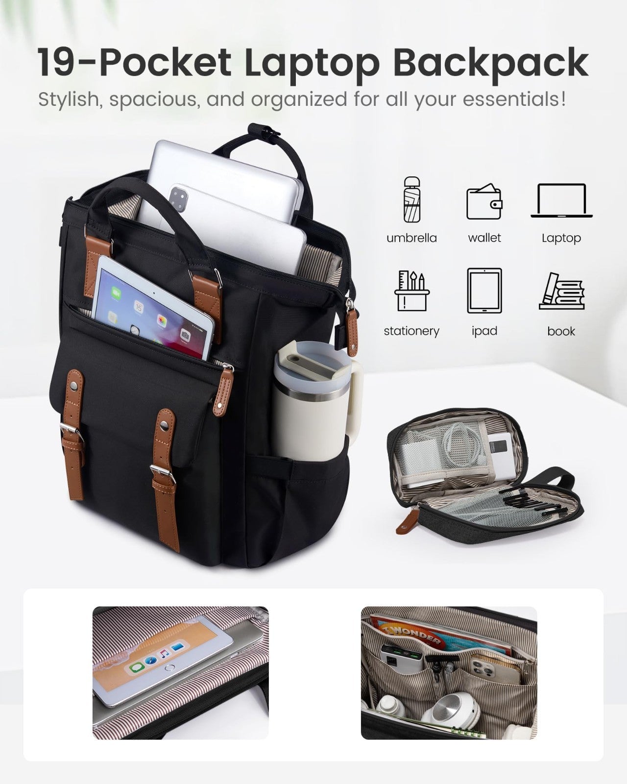 Stylish Waterproof Laptop Backpack for Women, 15.6" with Tumbler Holder, Travel4