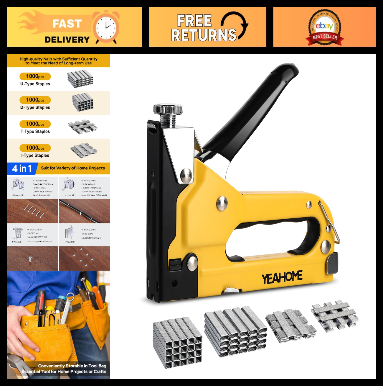 Heavy Duty Upholstery Staple Gun 4 in 1 with 4000 Staples, Manual Brad Nailer fo0