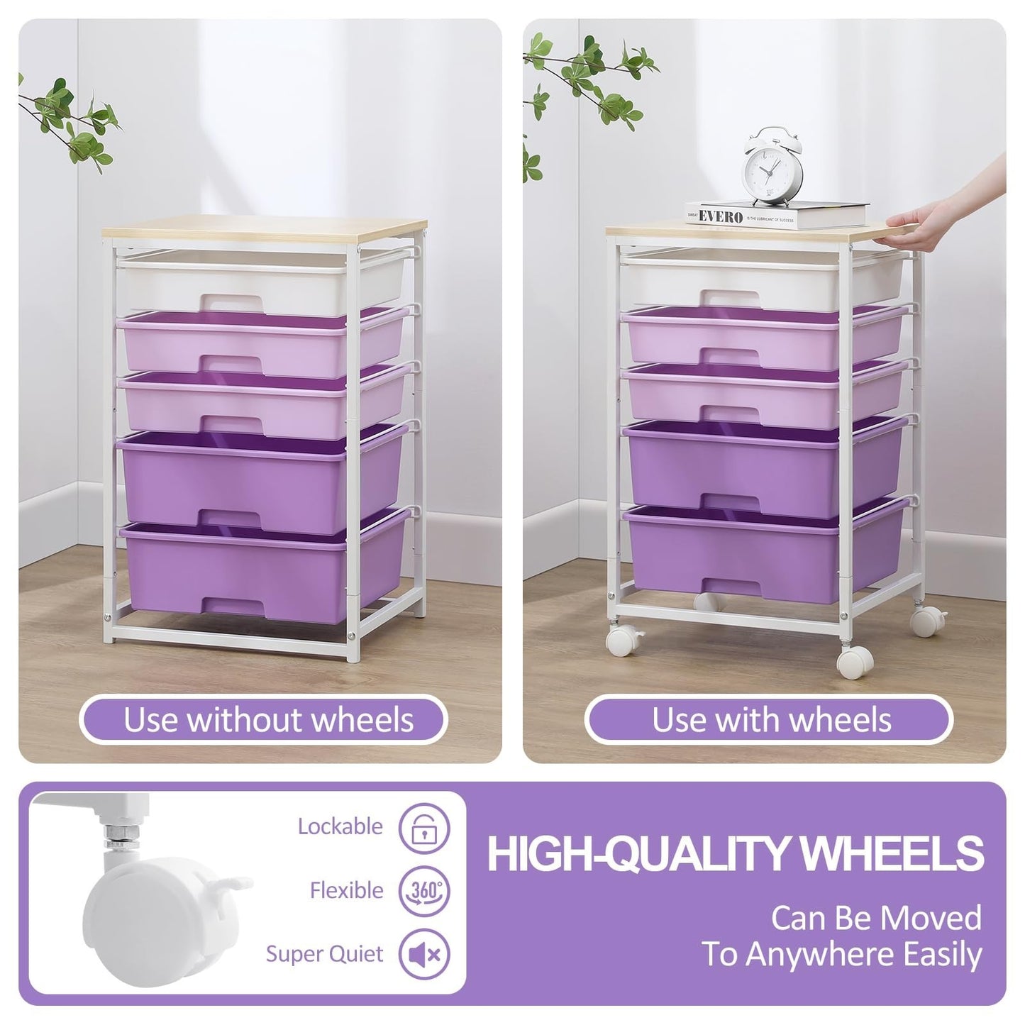 5 Drawer Utility Cart with Wooden Top & Lockable Wheels   Rolling Craft Trolley,6