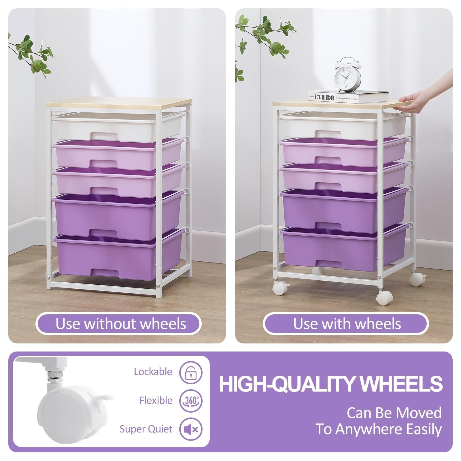 5 Drawer Utility Cart with Wooden Top & Lockable Wheels   Rolling Craft Trolley,6