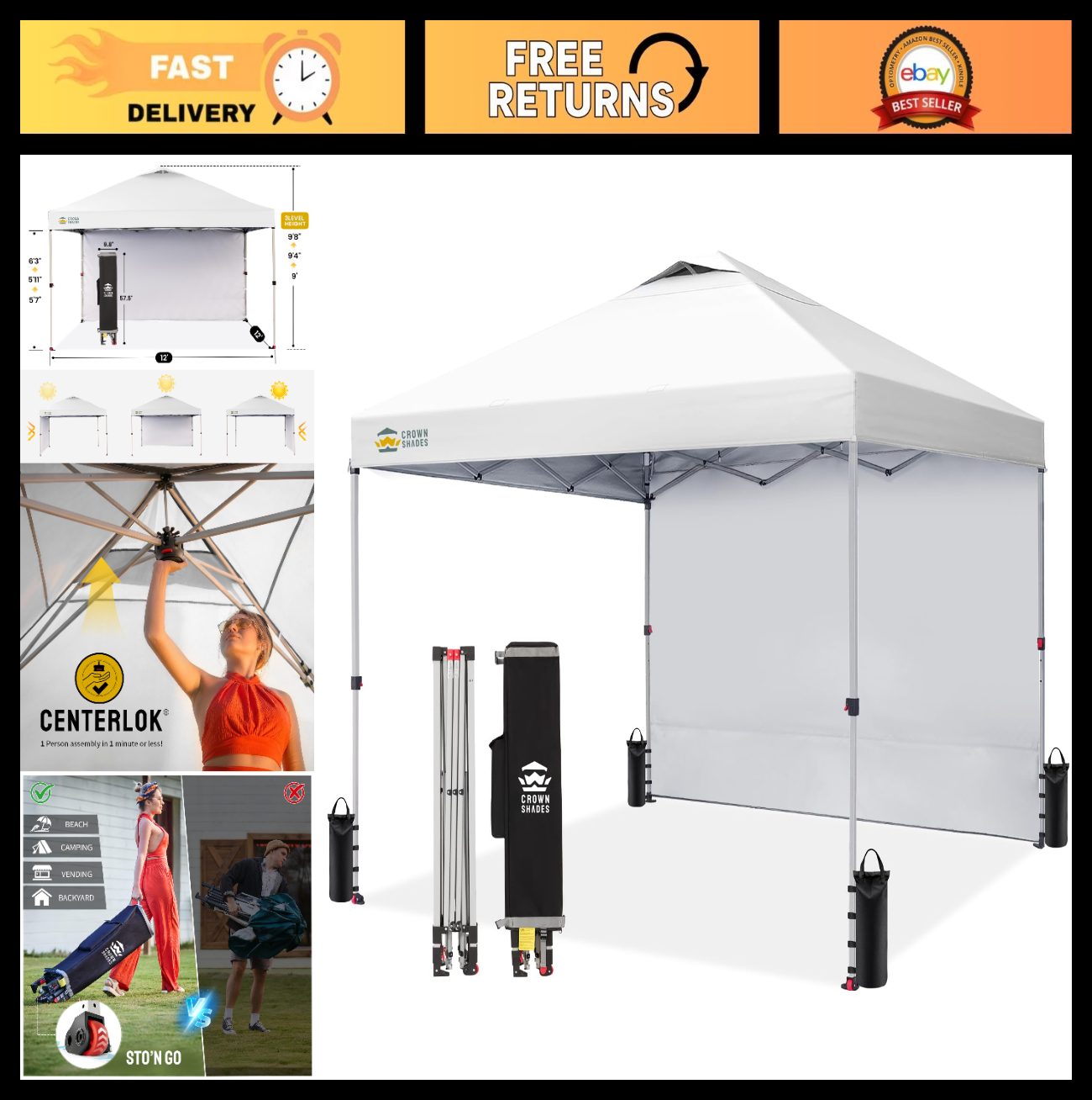 12x12 Pop Up Canopy Tent with Side Wall, Easy Setup Outdoor Gazebo, Beach Shade,0