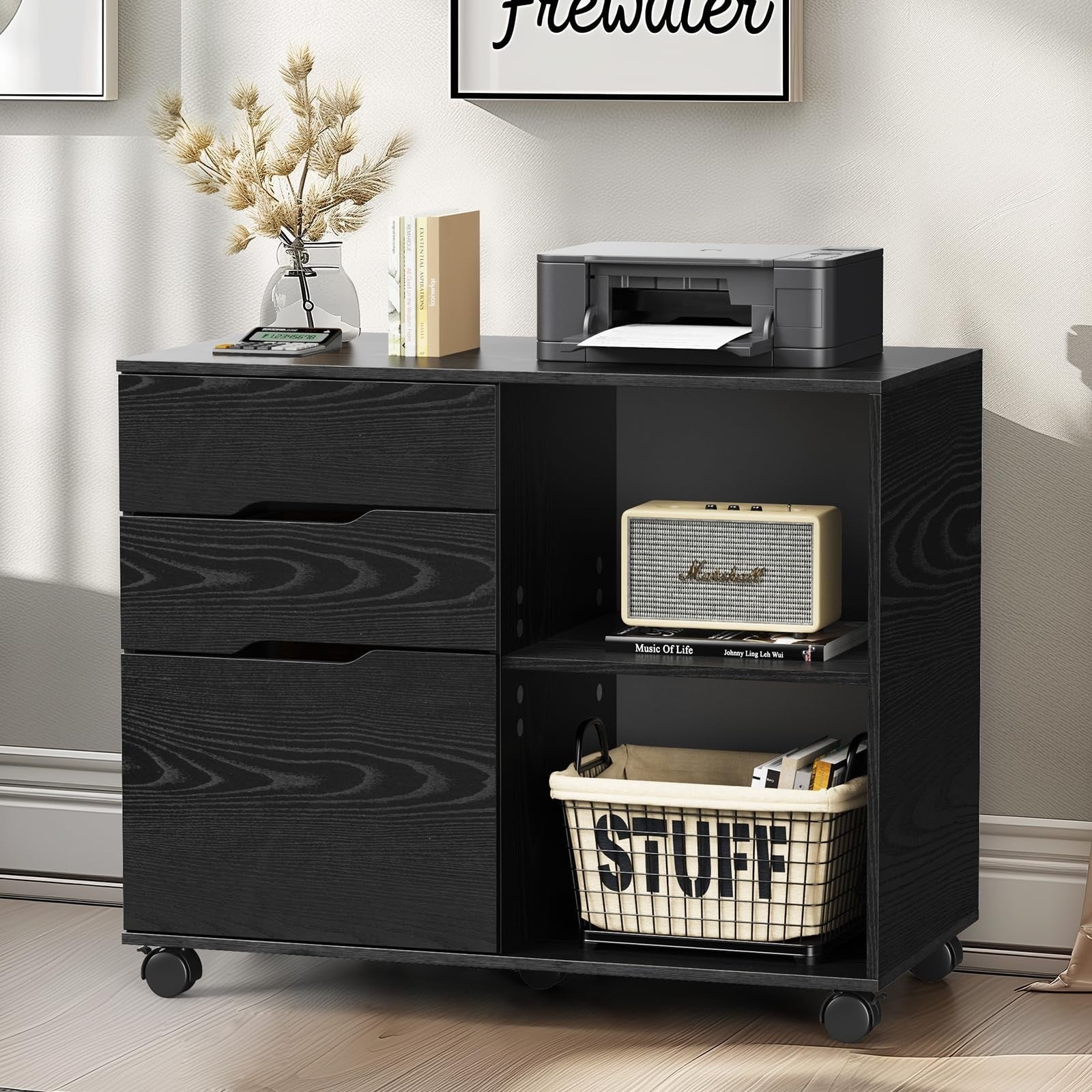 Wood File Cabinet with 3 Drawers, Rolling Printer Stand, Under Desk Storage Orga1