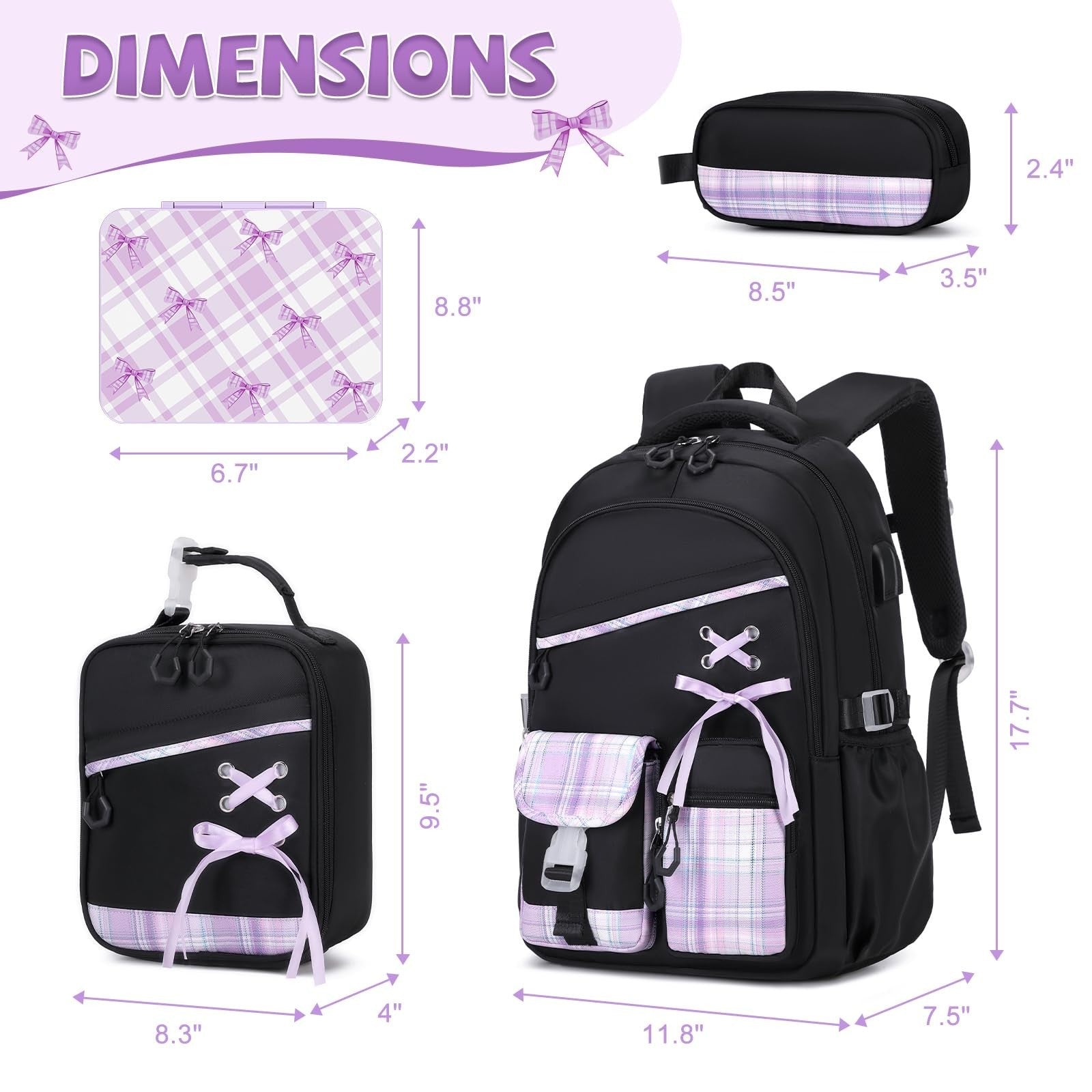 Girls' Backpacks Set   6PCS Plaid School Bag with Lunch Box & Pencil Pouch, Blac2