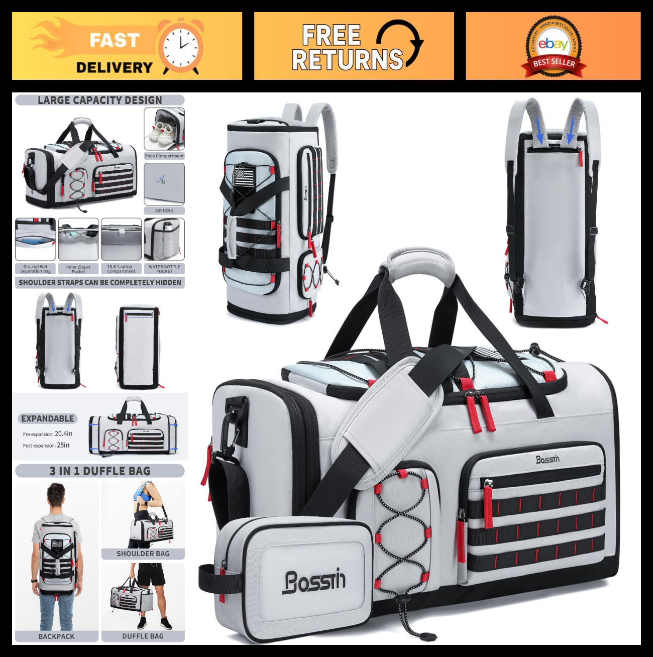 Expandable 45L 50L Gym Bag for Men & Women, Sports Duffle, Travel Tote, Workout0