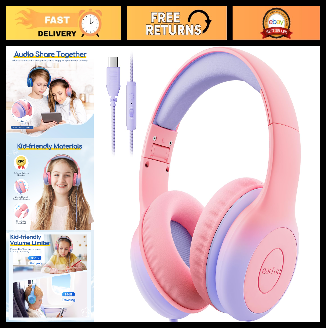 Wired Kids Headphones with Mic, USB Type C, Volume Limit 85/94dB, Foldable Stere0