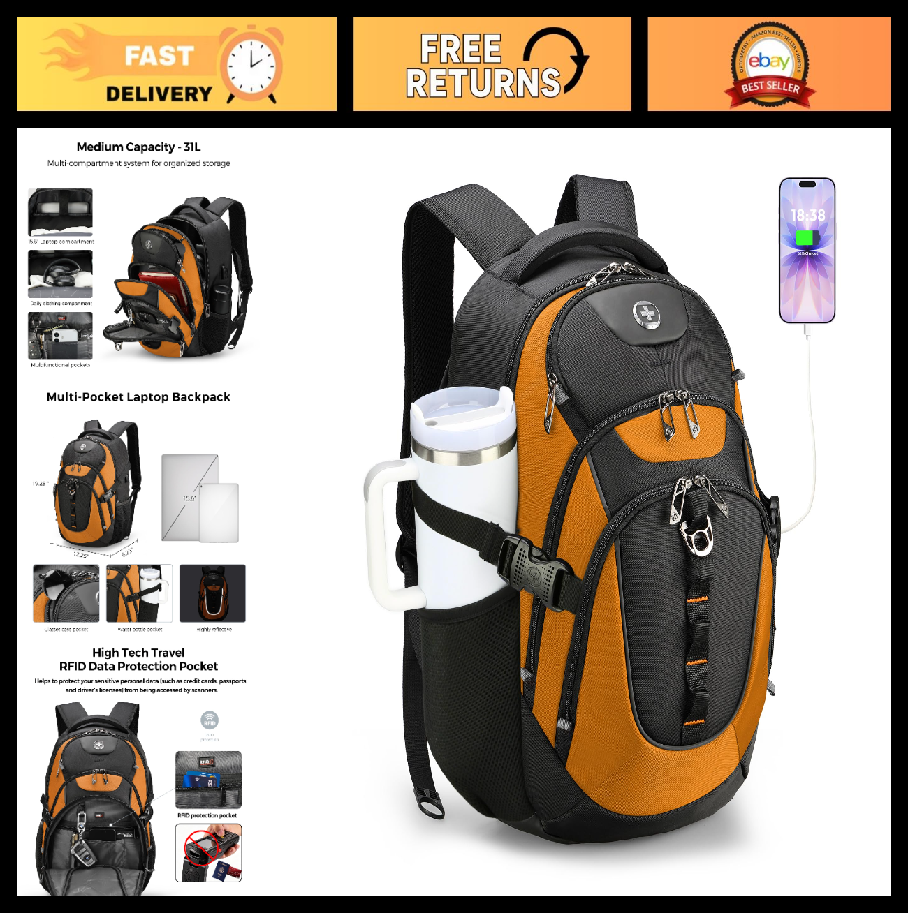 Stylish Laptop Backpack with USB Charging Port, Fits 15.6" Computer, 31L Travel0