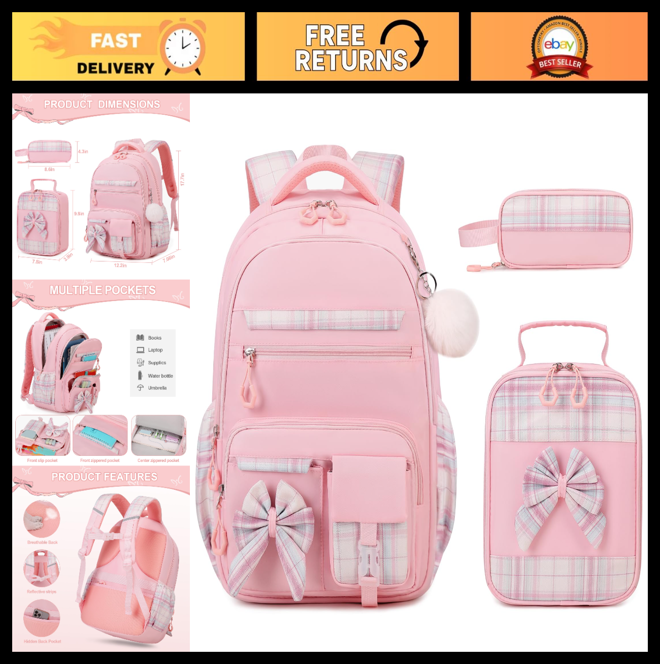 Cute Girls Backpack Set with Lunch Bag & Pencil Case   Stylish School Bag for Ki0