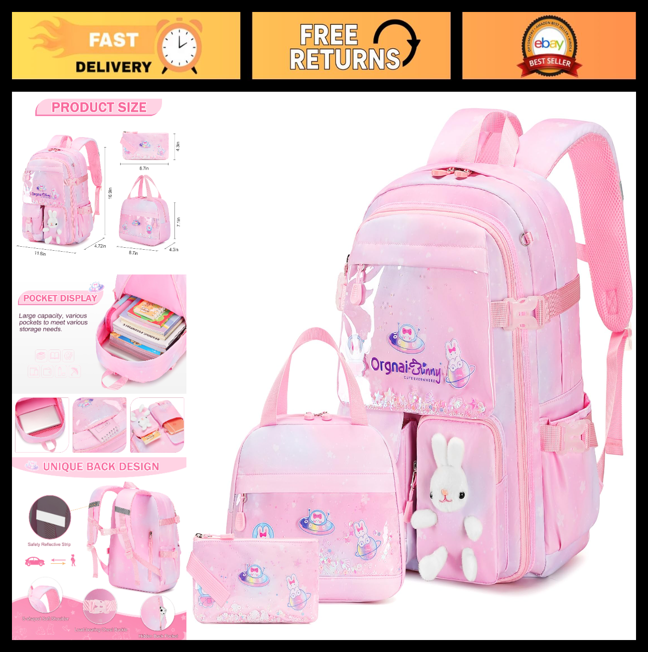 Kawaii Bunny Girls Backpack Set 3PCS   School Bag with Lunch Box & Pencil Case,0