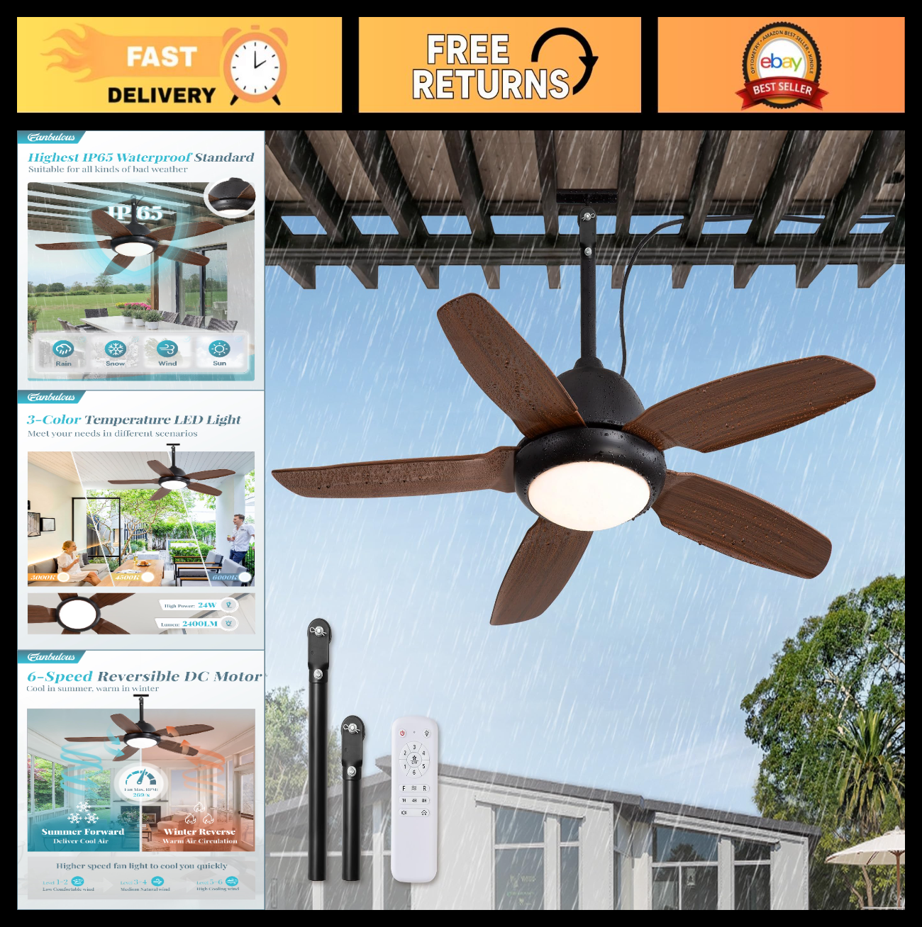 42" Waterproof Outdoor Ceiling Fan with Light   Perfect for Patio & Deck, Brown0