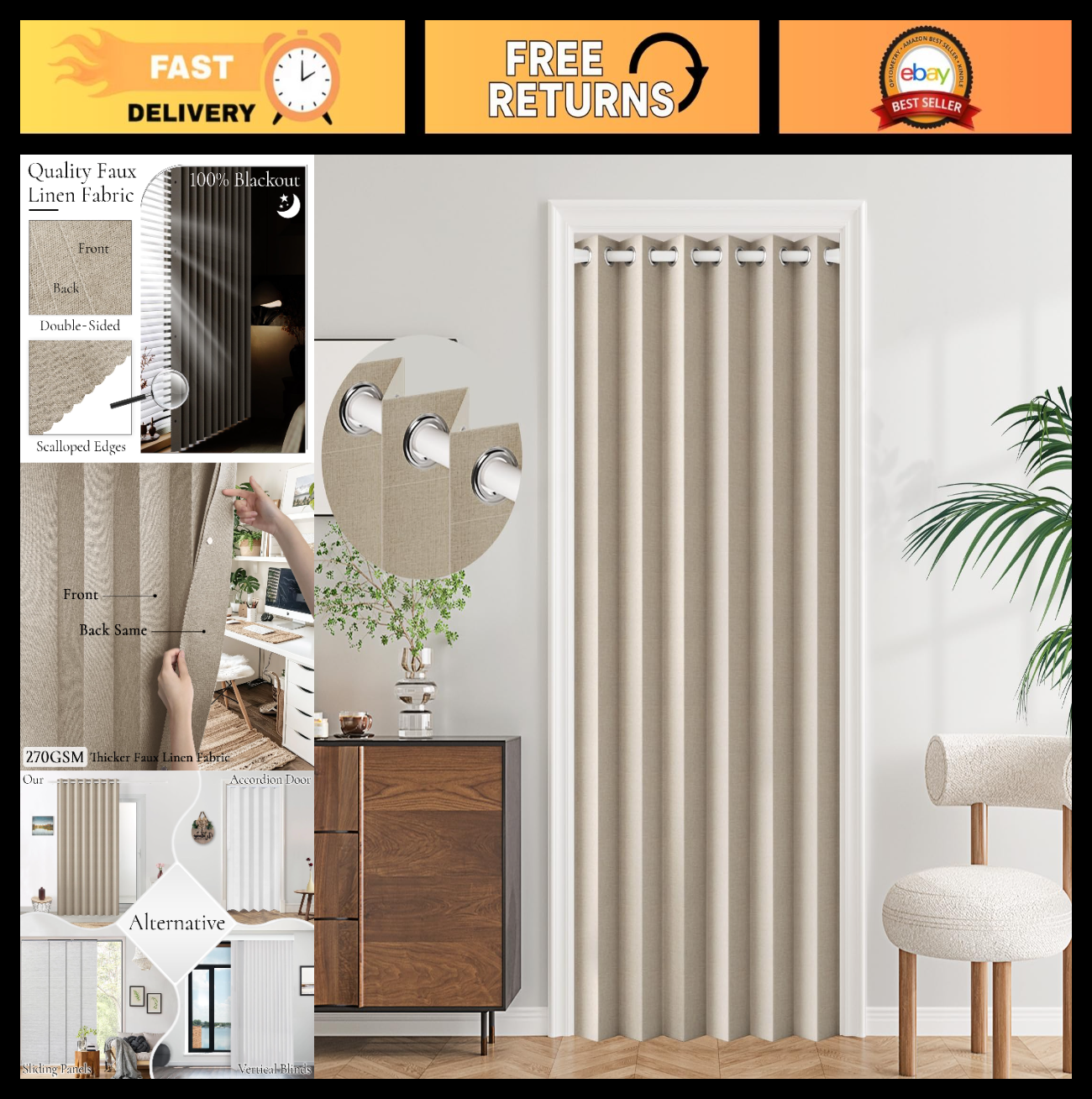 100% Blackout Magnetic Door Curtain   Pleated Room Divider Drapes, 1 Panel, W450
