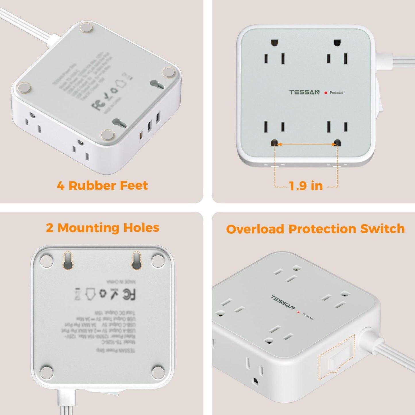 Surge Protector Power Strip 900J Protection, 5 Ft, 6 Outlets, Grey Color8