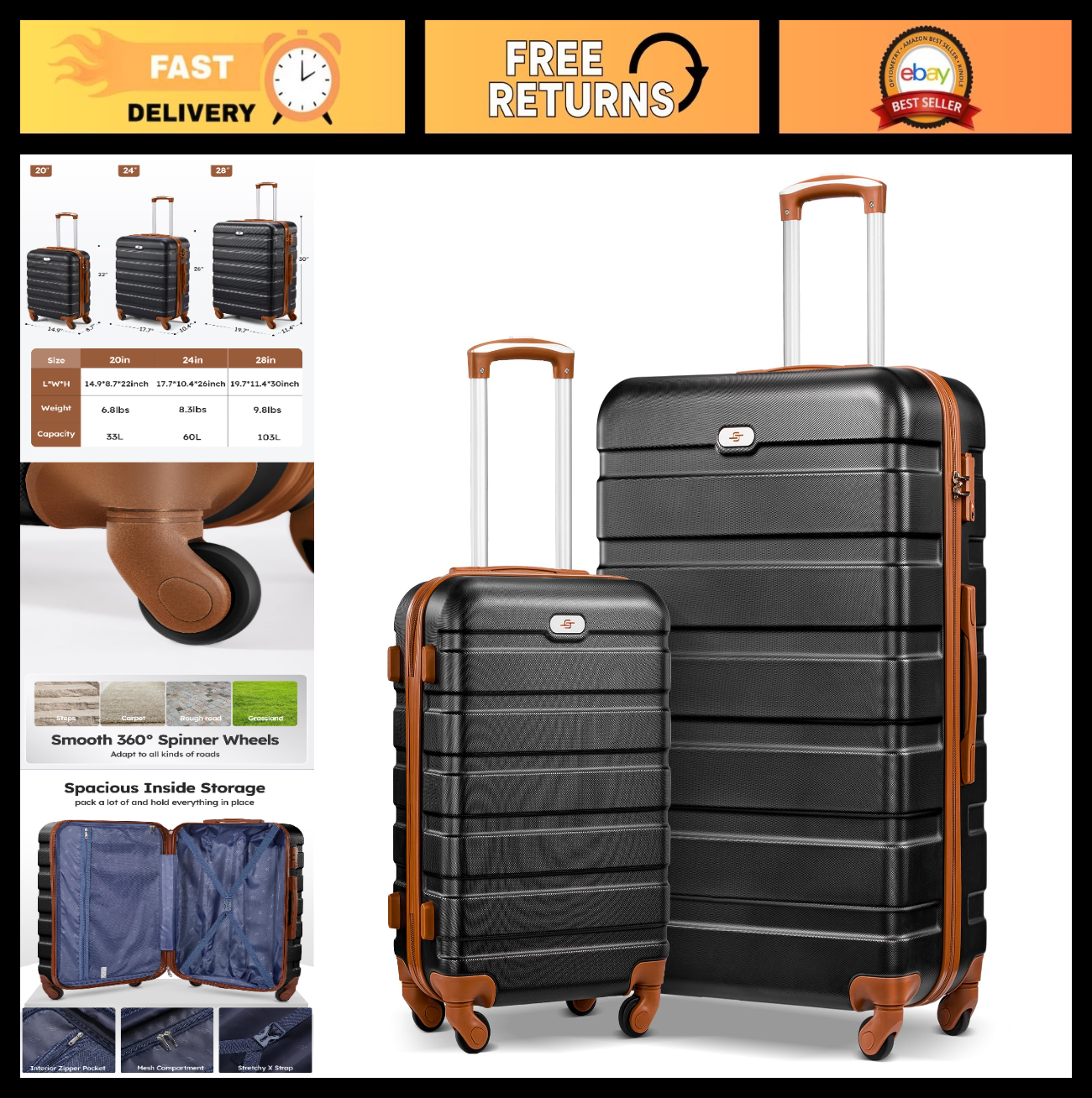 2 Piece Hard Shell Luggage Set - Lightweight Carry-On & 28" Checked Travel Bag0