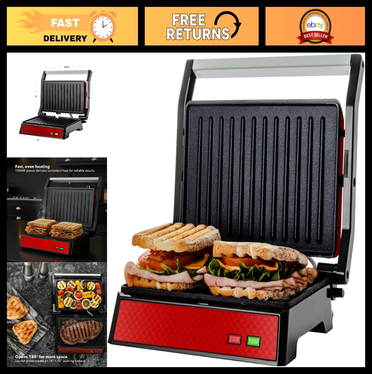 Electric Indoor Panini Press Grill & Sandwich Maker - Non-Stick Plates, 180° Ope0