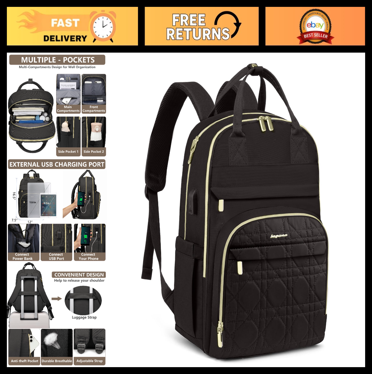 Stylish 15.6" Laptop Backpack for Women & Teens   Waterproof, USB Charger, Casua0