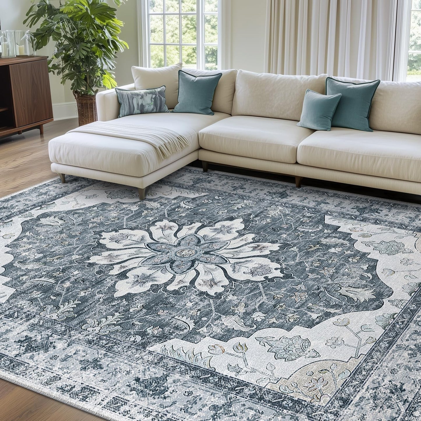 Washable 8'x10' Area Rug   Non Slip, Water Repellent, Pet Friendly, Vintage Flor8