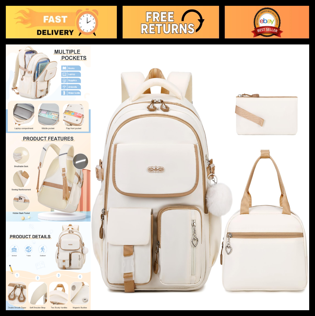 Girls' School Backpack Set 3PCS   Stylish Backpack, Lunch Box & Pencil Pouch0