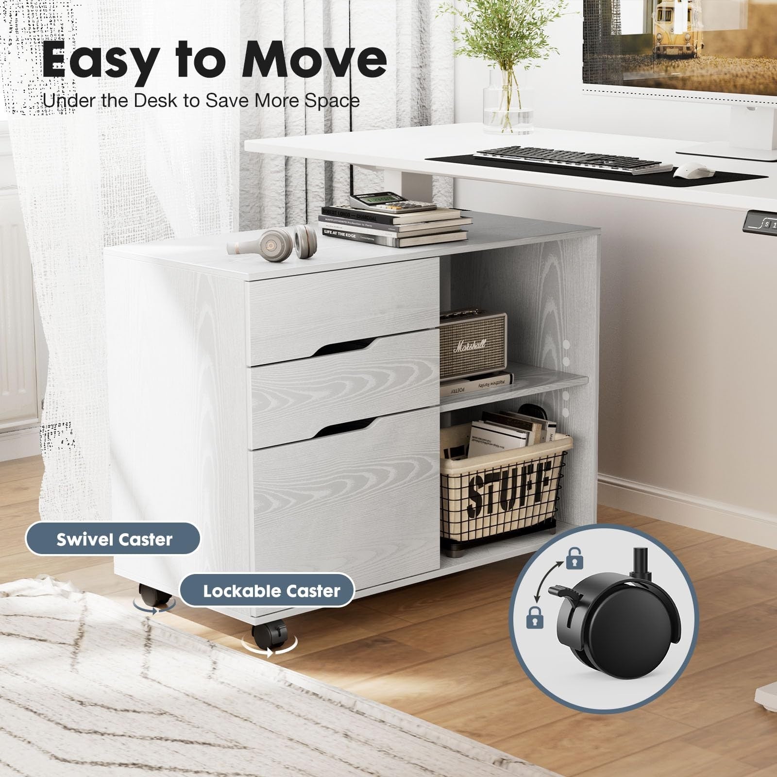 Wood File Cabinet with 3 Drawers, Rolling Printer Stand, Under Desk Storage Orga5