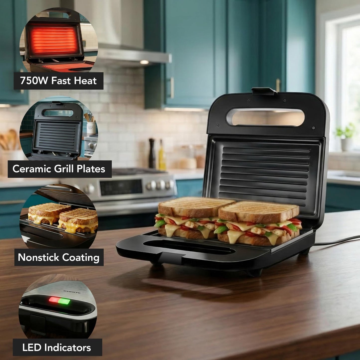 Compact Electric Panini Press Grill - Nonstick Plates, Thermostat Control, LED I3
