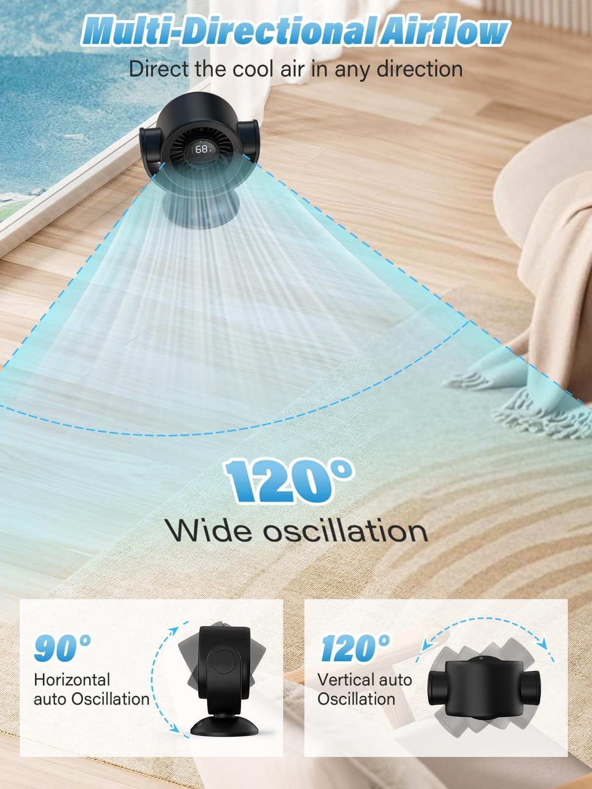 Quiet 100 Speed Oscillating Fan with Remote, 10H Timer, USB Rechargeable for Hom3