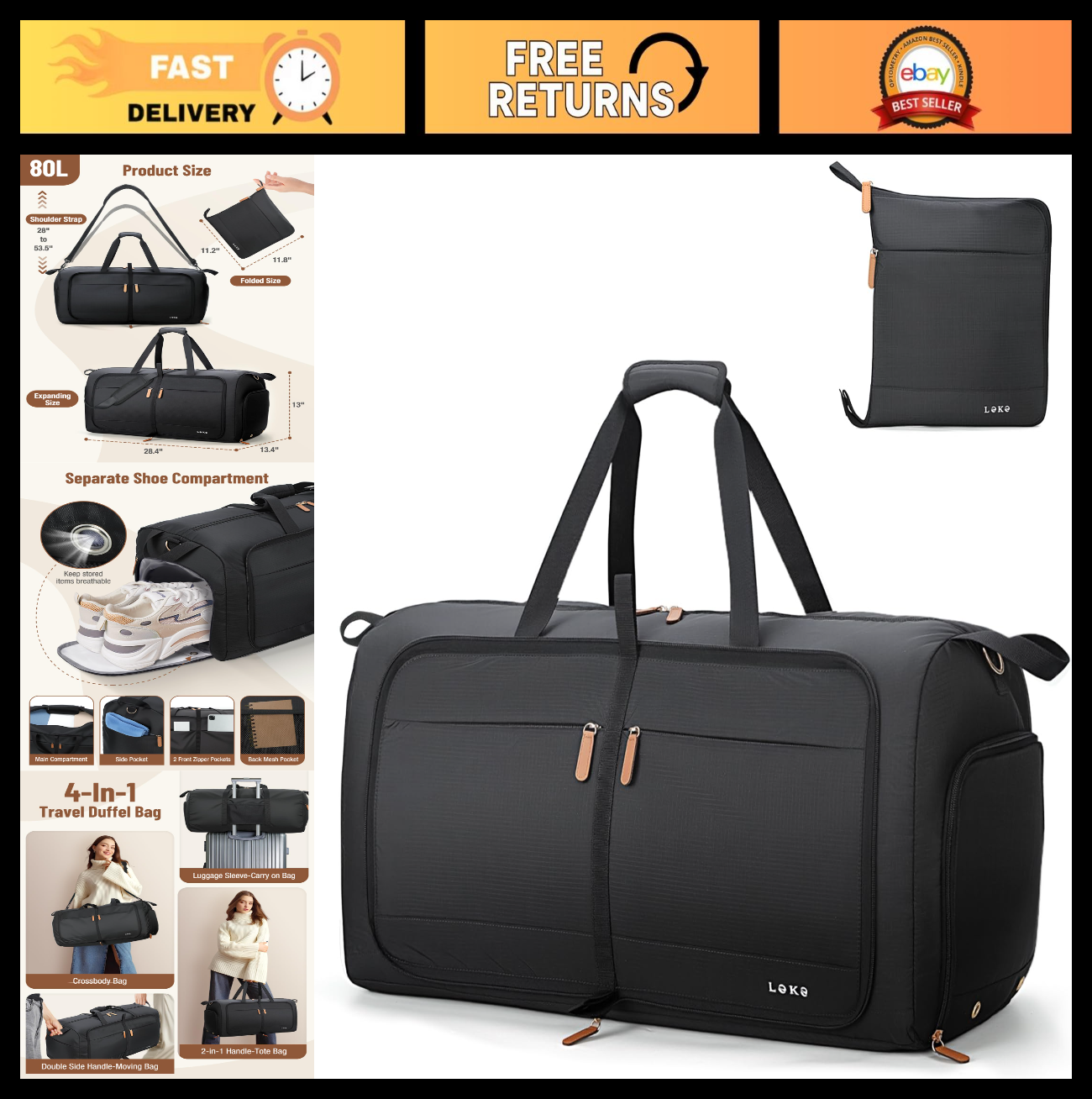 Large 80L Foldable Travel Duffle Bag for Women, Weekend Carry-On with Shoe Compa0